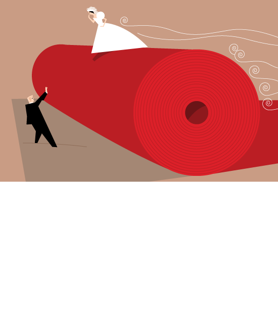 Bride on rolling carpet, illustration by james turner, jtillustration, vector art